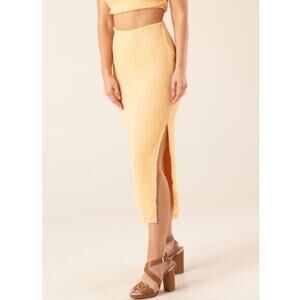 New SOMETHING NEW Yellow Stretch Shirred Side Slit Straight Midi Skirt Size XL